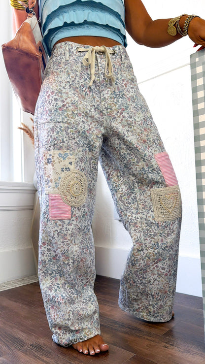 Denim Skies Striped Pants, Floral Multi