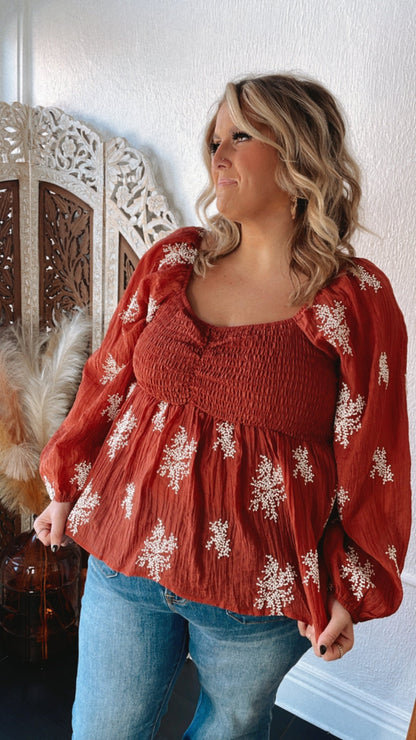All About Details Embroidered Smocked Blouse, Rust