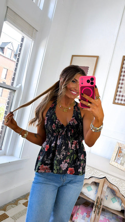 Mayari Floral Halter Top, Black