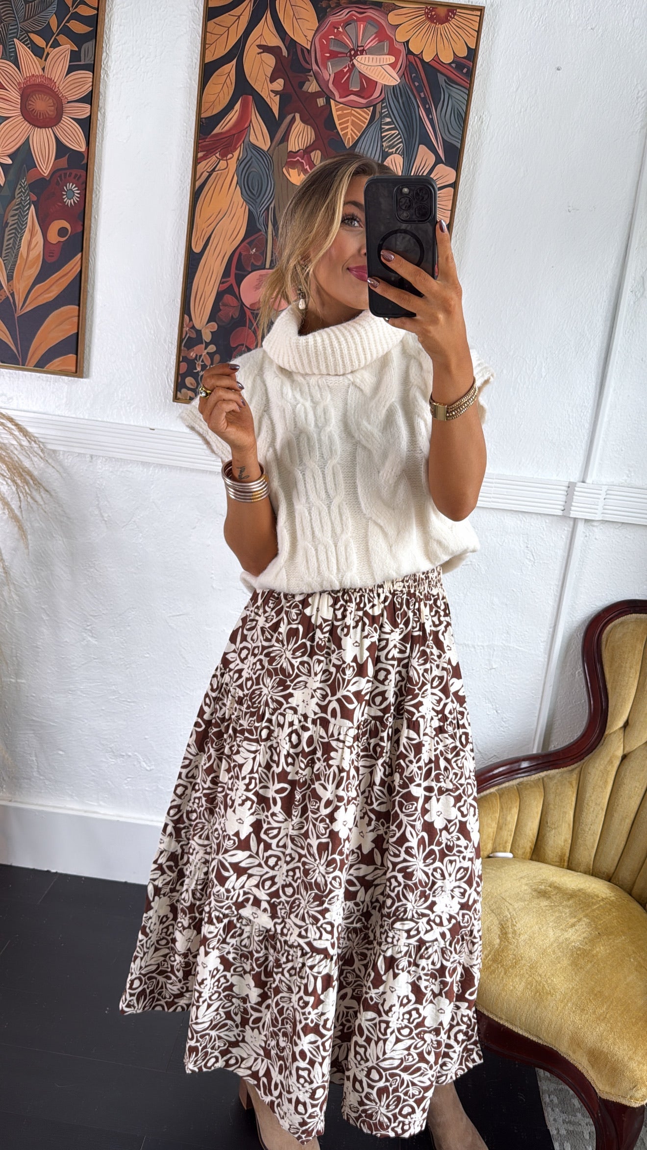 Picture Perfect Floral Tiered Midi Skirt, Brown