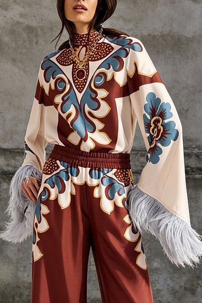 Bohemian Dreams Unique Print High Neck Feather Trim Bell Sleeve Top