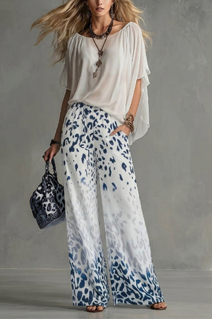Safari Glam Draped Blouse & Ombre Leopard Wide-Leg Trousers Set