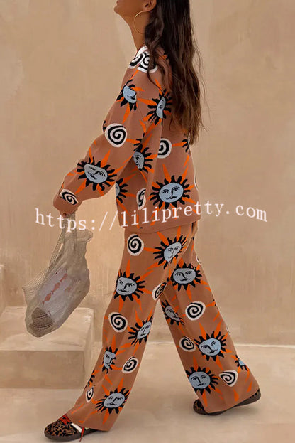 Mediterranean Art Knit Unique Sun Vortex Print Elastic Waist Wide Leg Pants