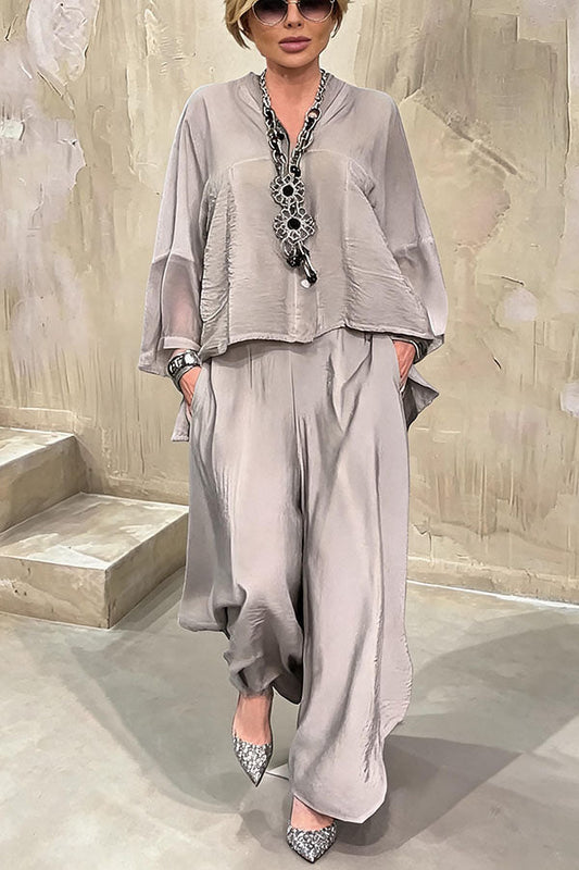 Melissa V-neck Sheer Batwing Sleeve Loose Blouse and Elastic Waist Pocketed Bell Hem Pants Set