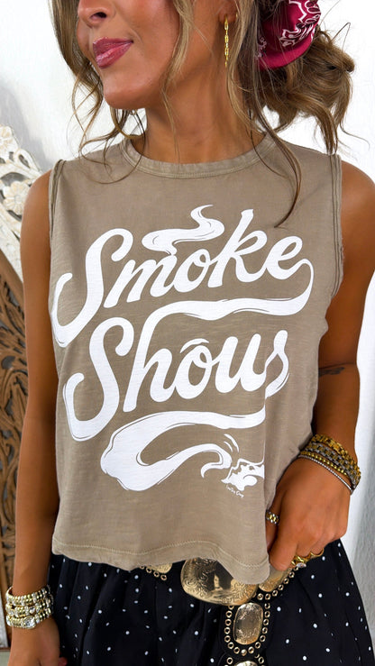 Graphic Smoke Show Muscle Tank, Washed Tan