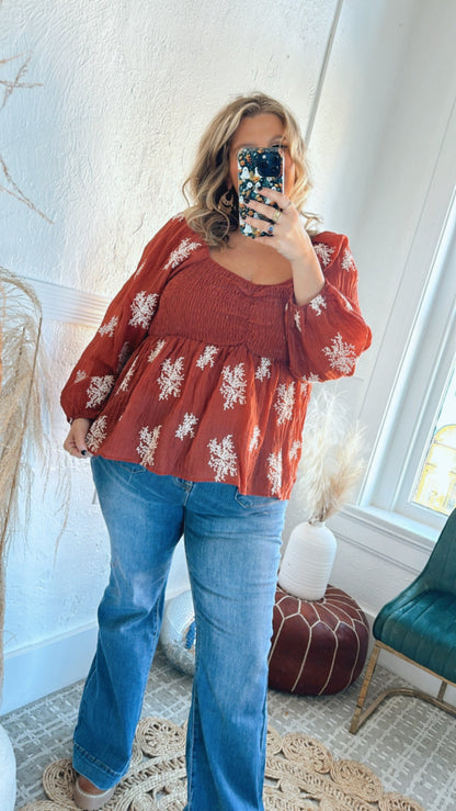 All About Details Embroidered Smocked Blouse, Rust