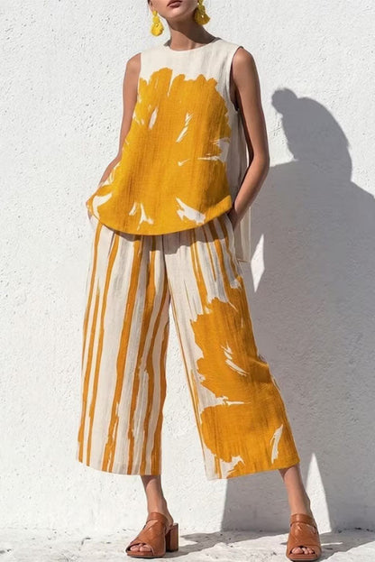 Abstract Brushstroke Sleeveless Tunic & Cropped Pant Set