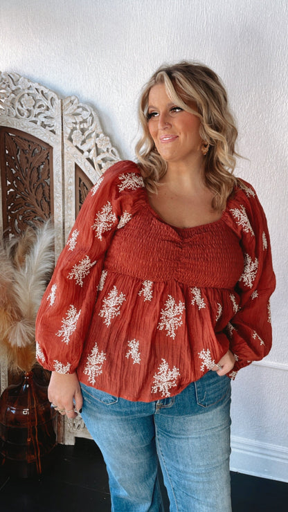 All About Details Embroidered Smocked Blouse, Rust
