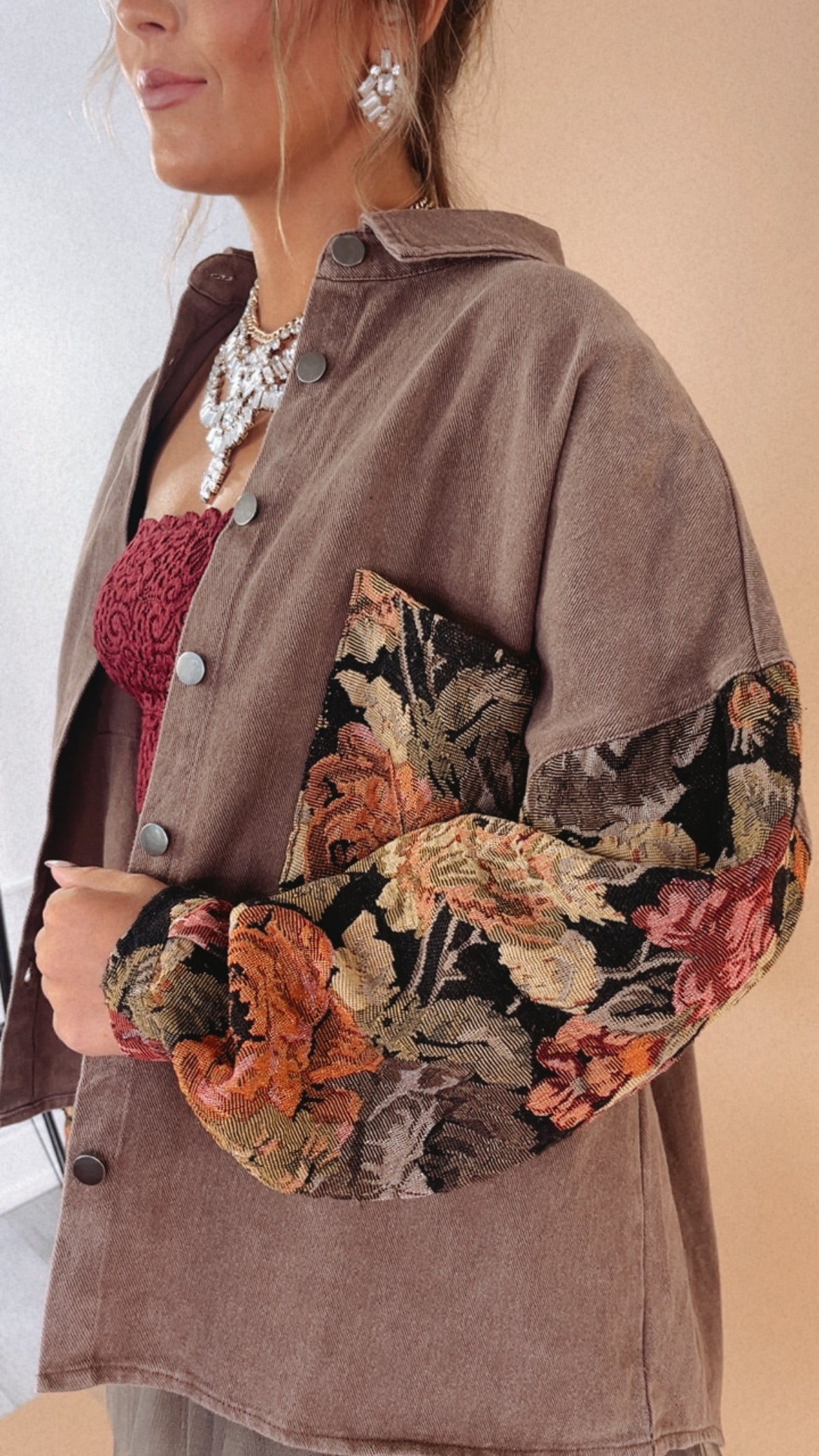 Contrast Jacquard Shacket, Chocolate