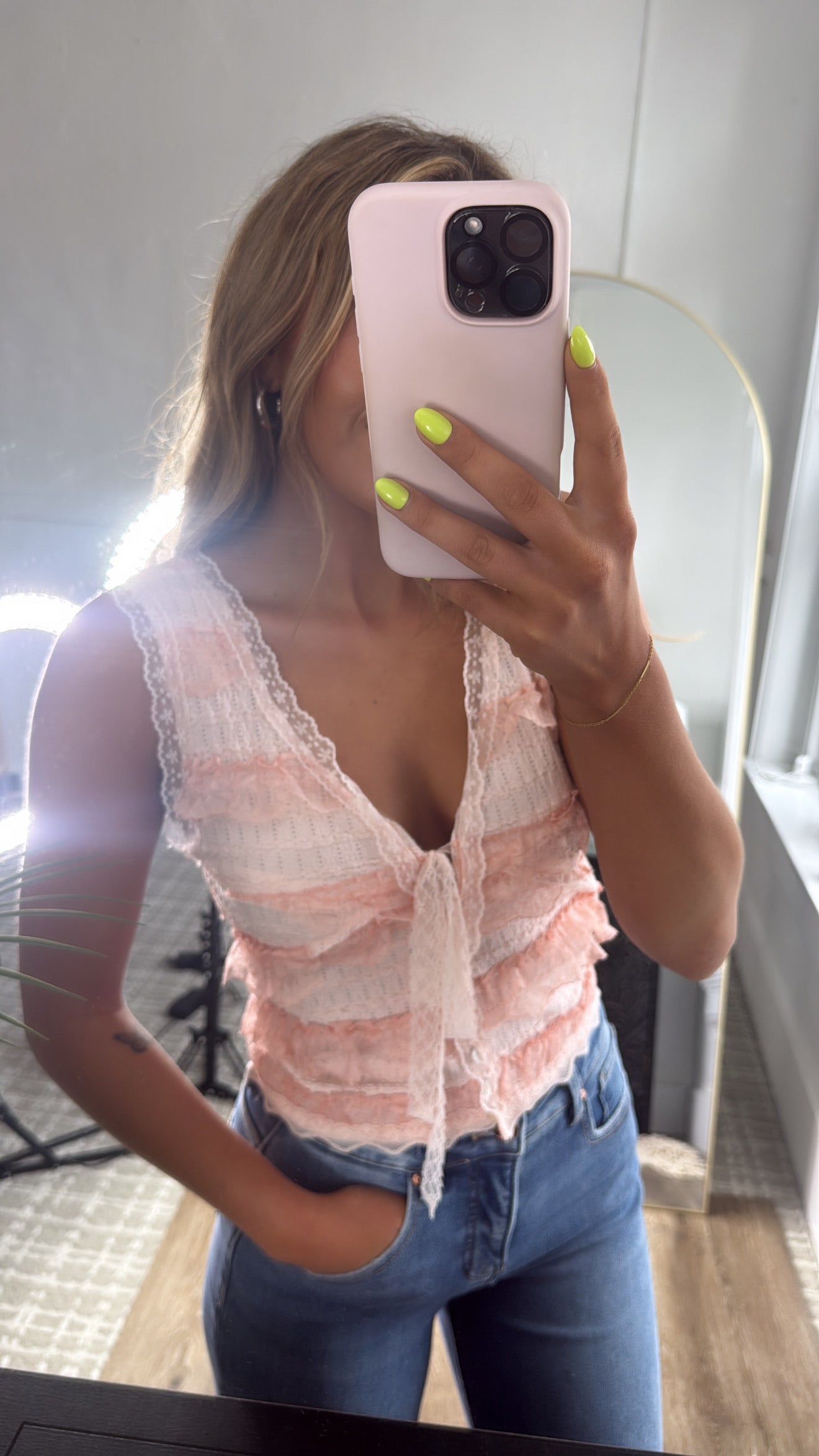 Bliss Beauty V Neck Ruffle Sleeve Top, Blush