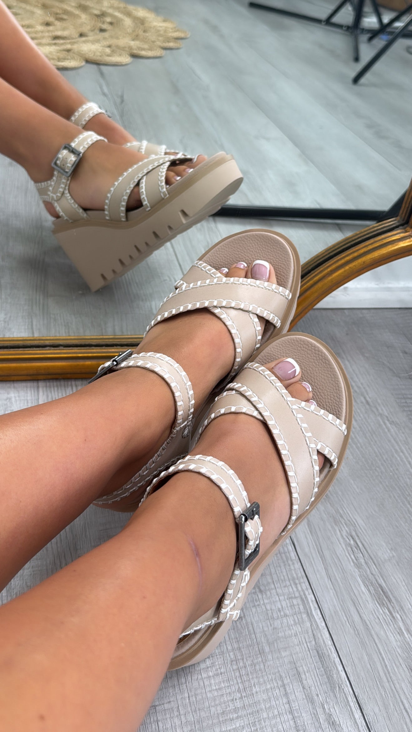 Embroidered Ankle Strap Wedge Sandal, Nude
