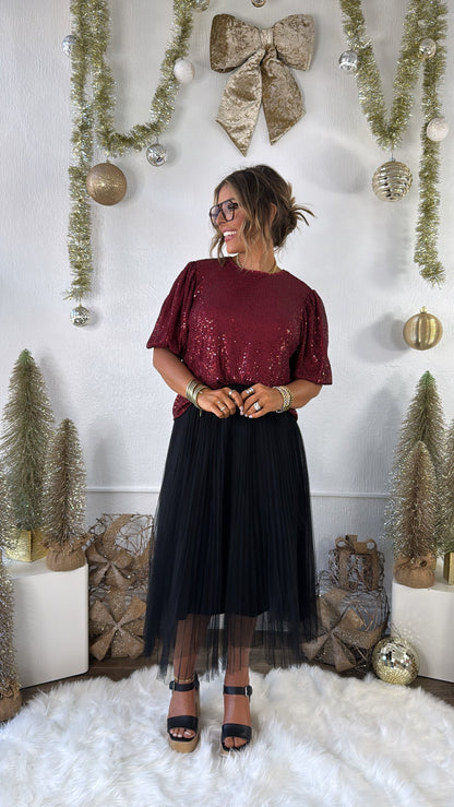 Holiday Cheer Puff Sleeve Sequin Top, Red