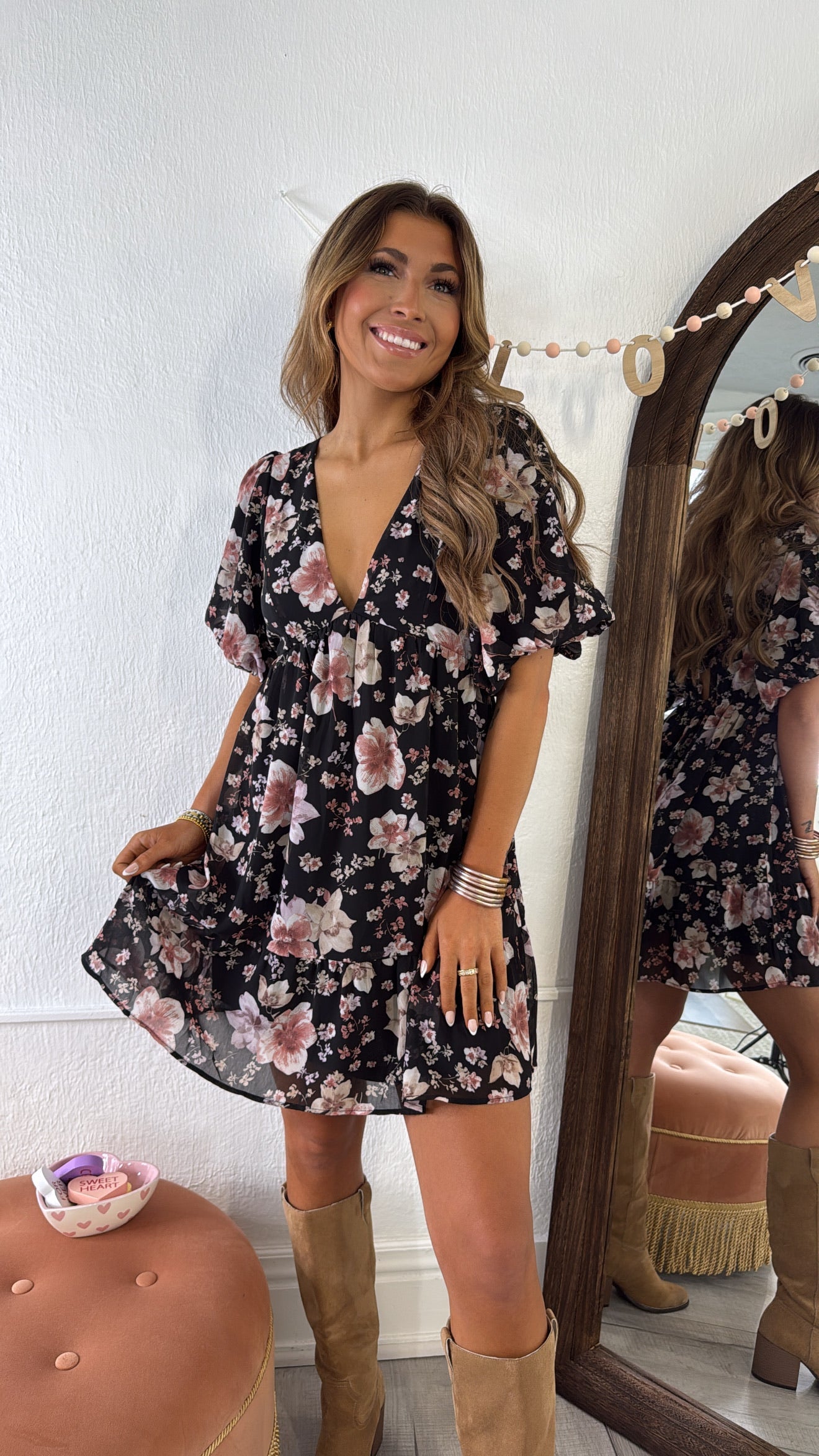 Della Dainty Floral Bubble Sleeve Mini Dress, Fall Black Multi