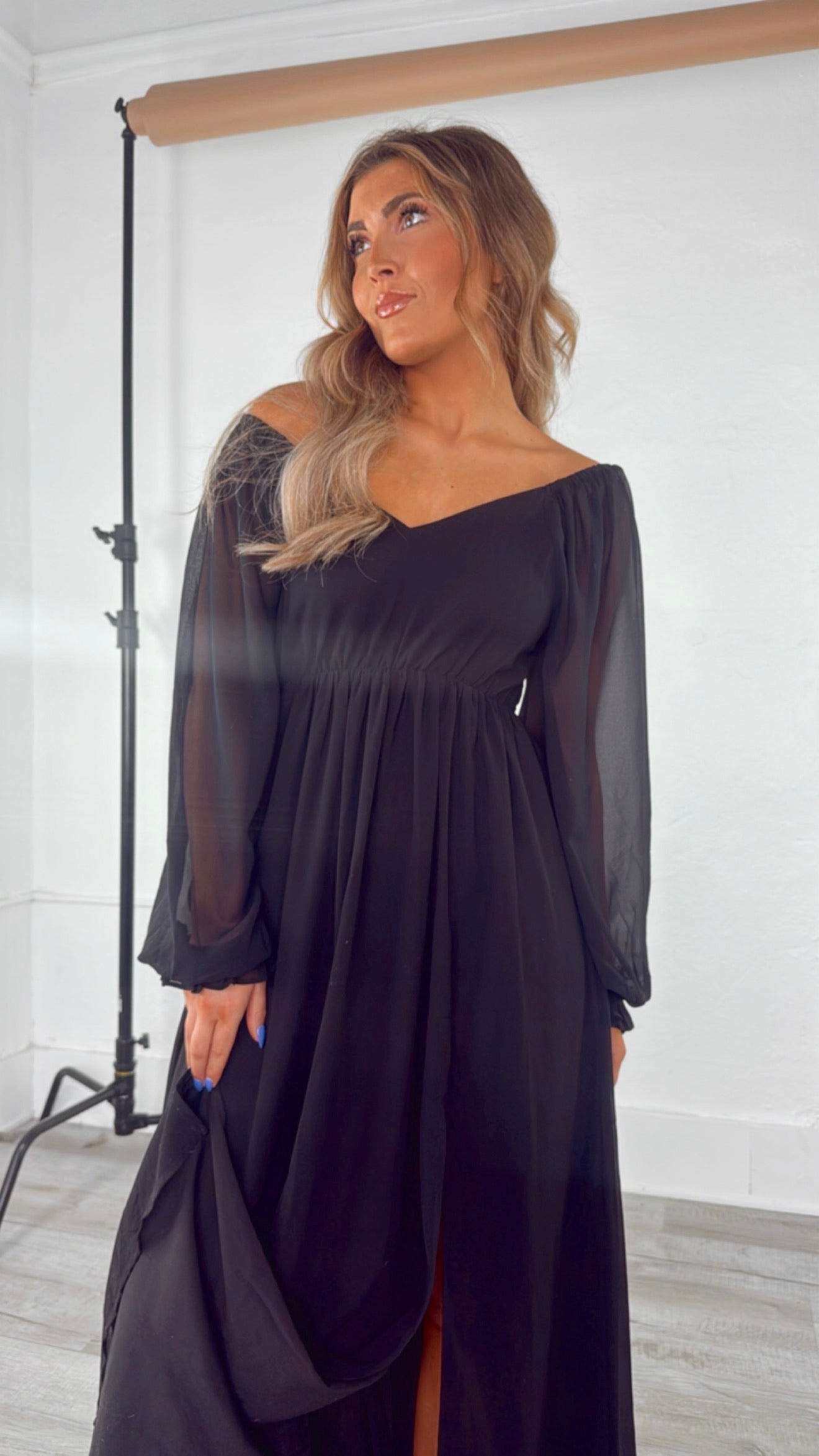 ECB Exclusive: Timeless Romantic Chiffon Maxi Dress, Black