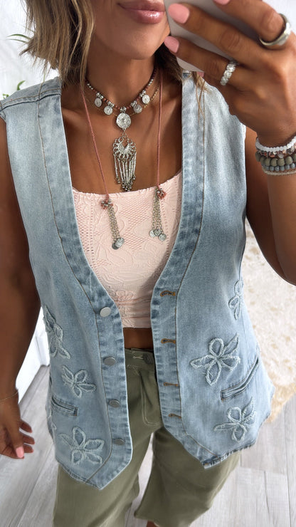 Bloom & Vine Floral Patch Denim Vest