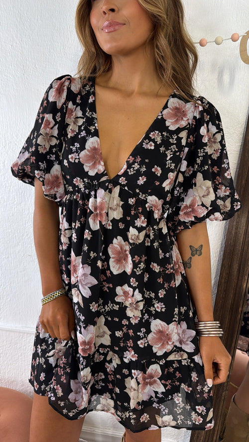 Della Dainty Floral Bubble Sleeve Mini Dress, Fall Black Multi