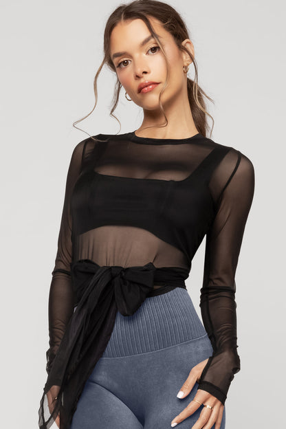 Bow Back Mesh Reversible Long Sleeve Top - Black