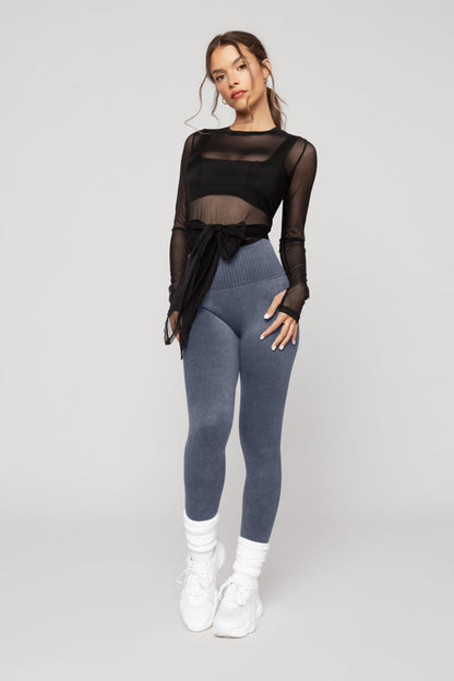 Bow Back Mesh Reversible Long Sleeve Top - Black