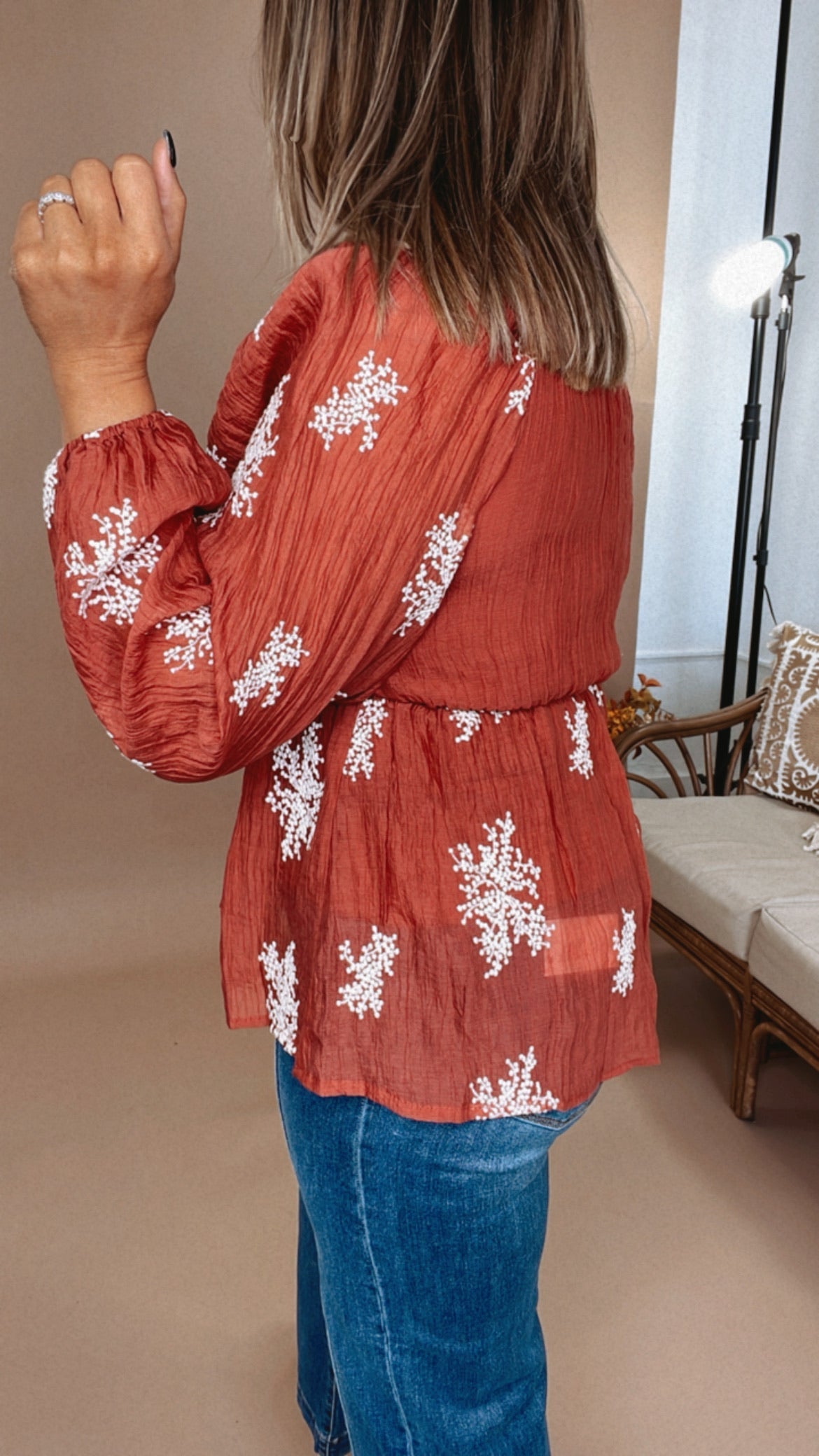 All About Details Embroidered Smocked Blouse, Rust