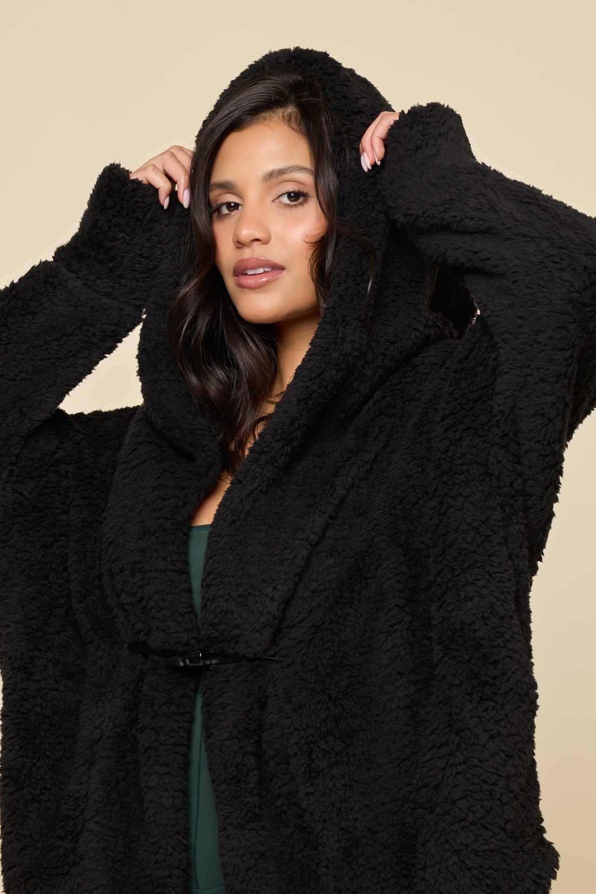 Faux Sherpa Cocoon Coat - Black