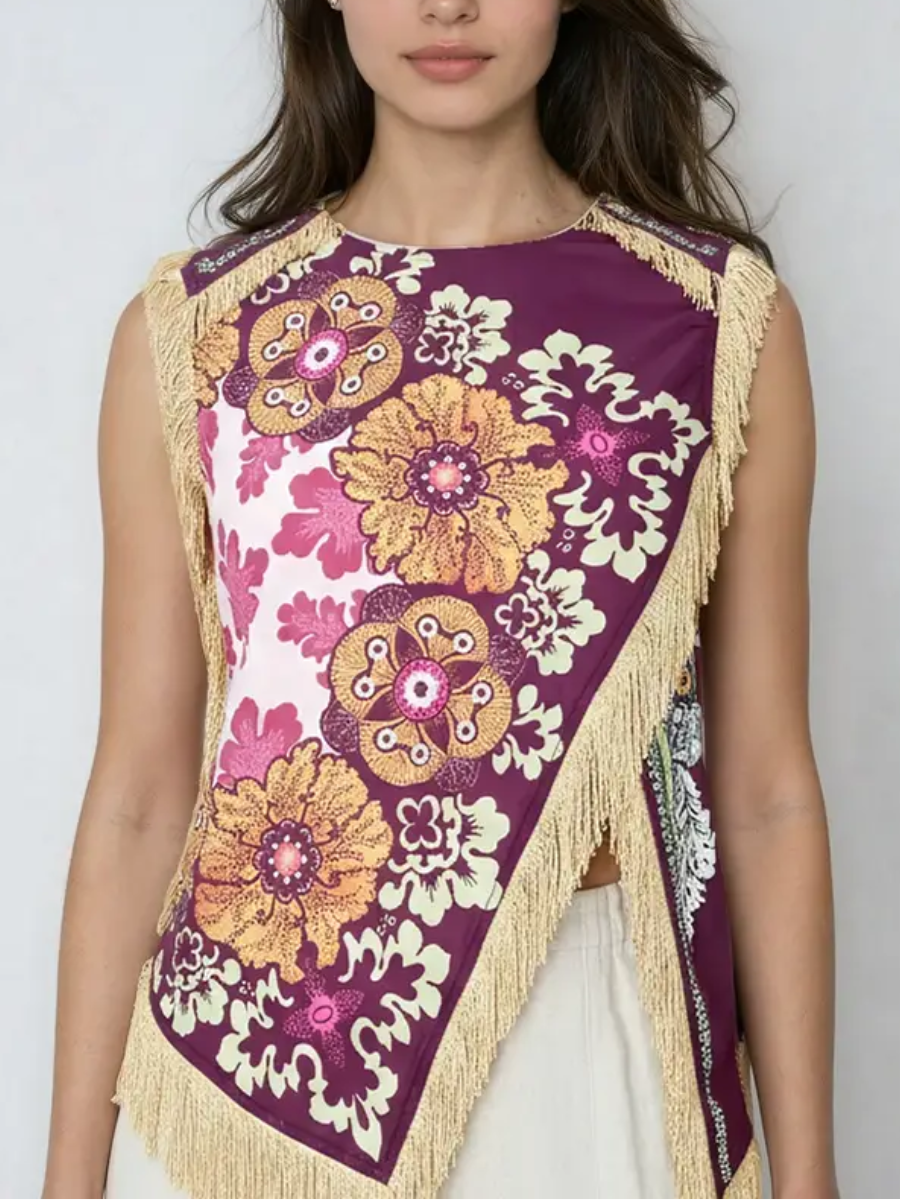 27 Fringed Floral Print Sleeveless Top