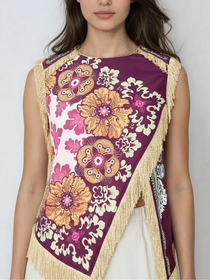 27 Fringed Floral Print Sleeveless Top