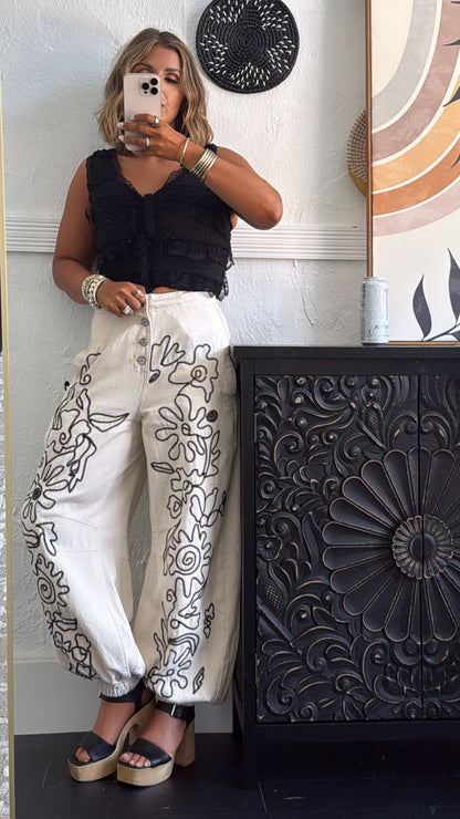 For The Love Of Floral Embroidered Denim Jogger, Oatmilk