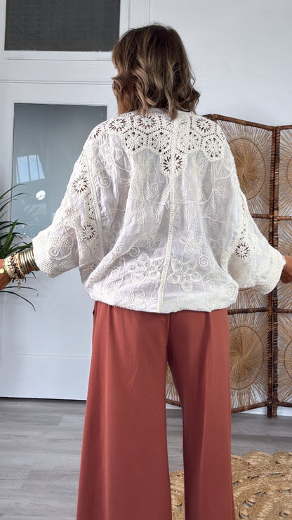Chloe Woven Embroidered Top, Natural