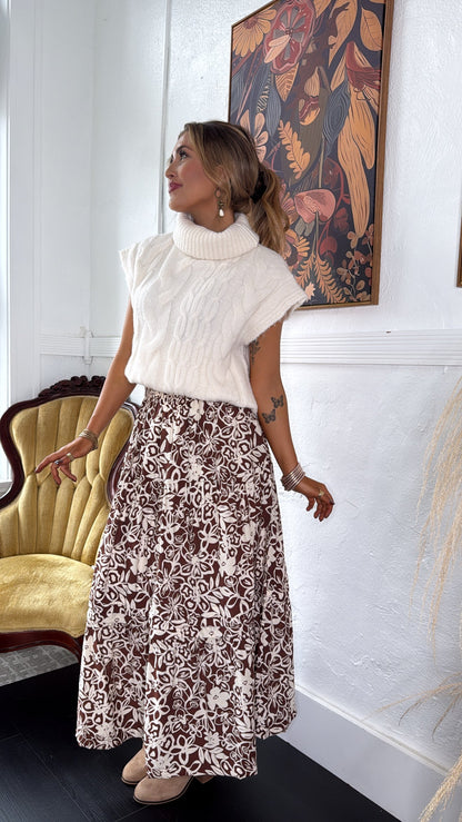 Picture Perfect Floral Tiered Midi Skirt, Brown