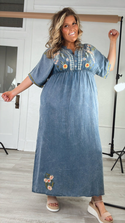 Chambray Stitch & Bloom Embroidered Maxi Dress, Denim