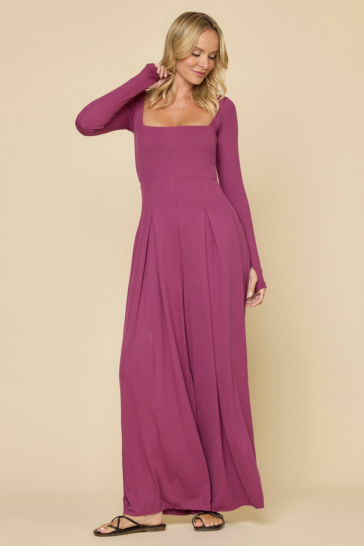 Go With The Flow Long Sleeve Jumpsuit - Raspberry