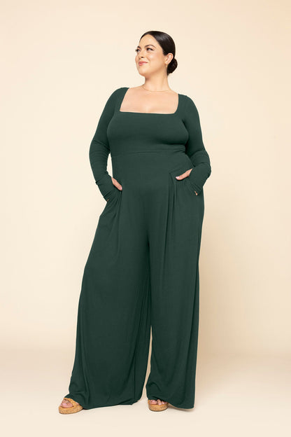 Go With The Flow Long Sleeve Jumpsuit - Pine