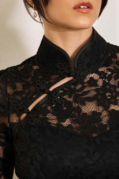 Mandarin Collar Festival Dress - Black
