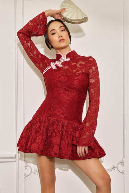 Mandarin Collar Festival Dress - Deep Cherry
