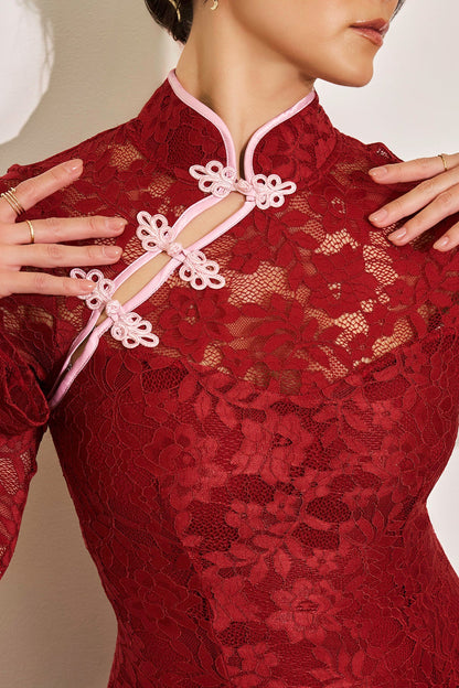 Mandarin Collar Festival Dress - Deep Cherry