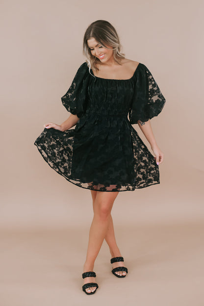 Floral Puff Sleeve Mini Dress, Black