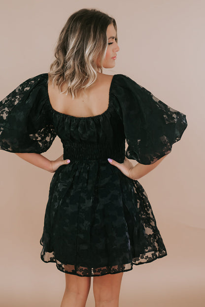 Floral Puff Sleeve Mini Dress, Black