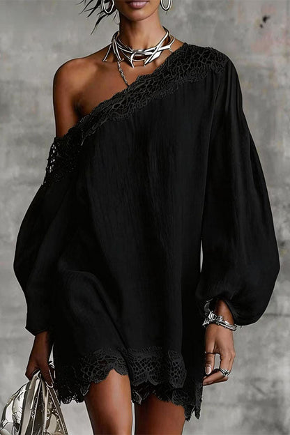 One-Shoulder Lace Trim Mini Dress