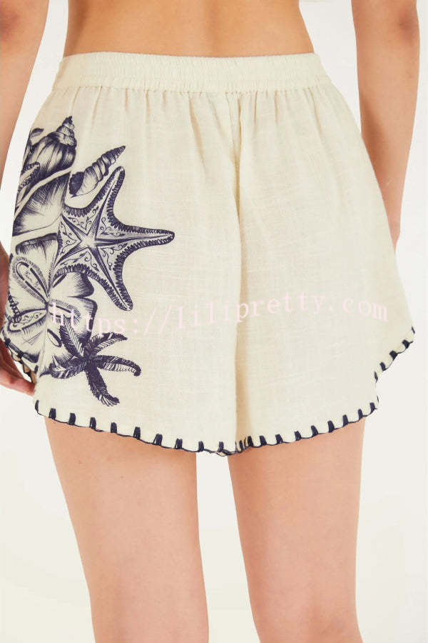 Linen Blend Starfish Print Collared Loose-fitting Shirt and Elastic Waist Casual Pocket Shorts Set