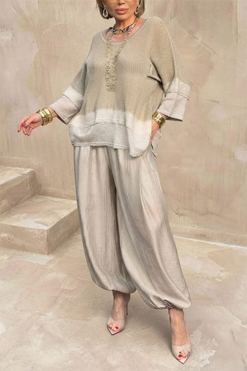 Lucy Knit Cutout Layered Design Half Sleeve Top and Satin Elastic Waist Pocketed Lantern Pants Set