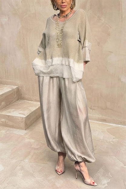 Lucy Knit Cutout Layered Design Half Sleeve Top and Satin Elastic Waist Pocketed Lantern Pants Set