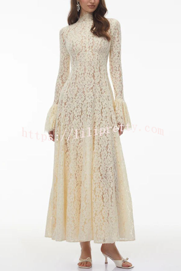 Nasrin Floral Lace Mock Neck Long Bell Sleeve Pleated Hem Maxi Dress