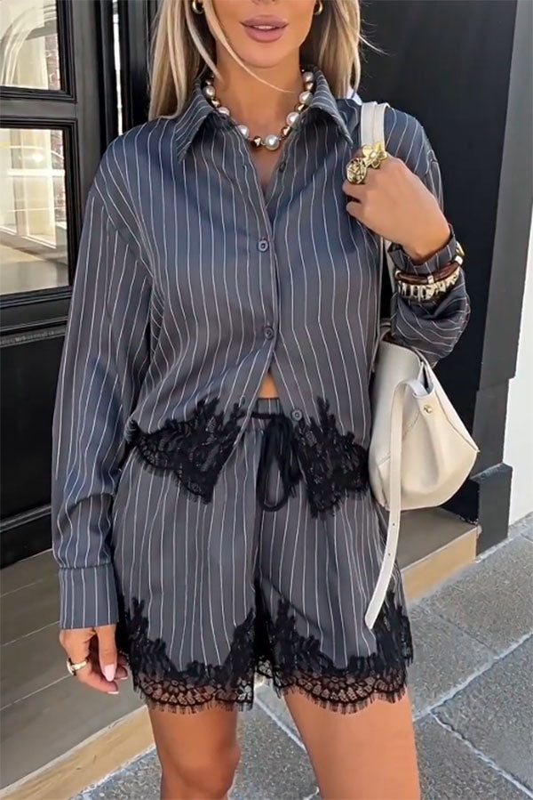 Anna  Lace-trimmed Striped Shirt and Shorts Set