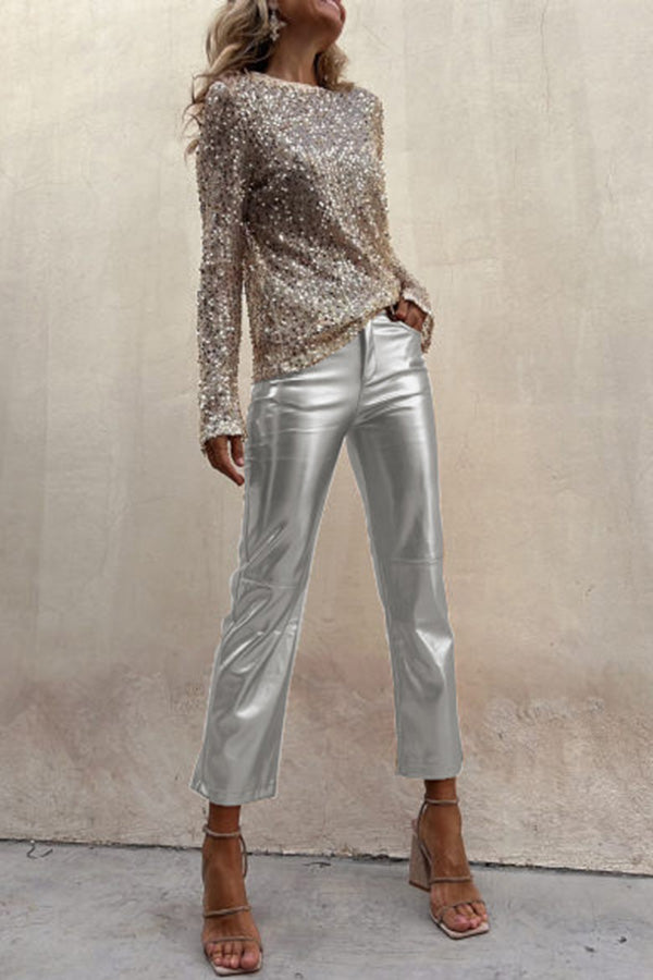Lilipretty Lilipretty Sinclair Metallic Faux Leather High Rise Pocketed Straight Pants