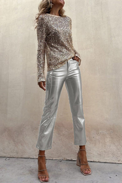 Lilipretty Lilipretty Sinclair Metallic Faux Leather High Rise Pocketed Straight Pants